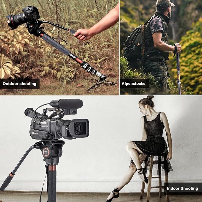 Cayer CF34DV Carbon Fiber Monopod, 68" with Folding Feet for Camera | Carbon Fiber Tube, Folding Feet, 4-Section, 68" Height, Monopod Leg with Feet Only - Image 6