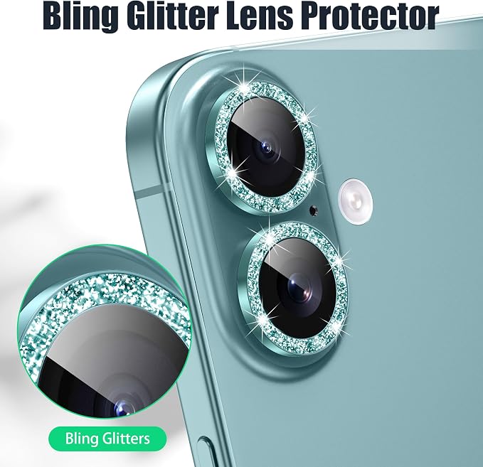 AGVEE 3+3 6 Pack for iPhone 16/16 Plus Camera Lens Protector Cover | Individual Bling Diamond & Bling Glitter Sparkle Cute Gem Metal Ring, 9H Tempered HD Glass - Image 5