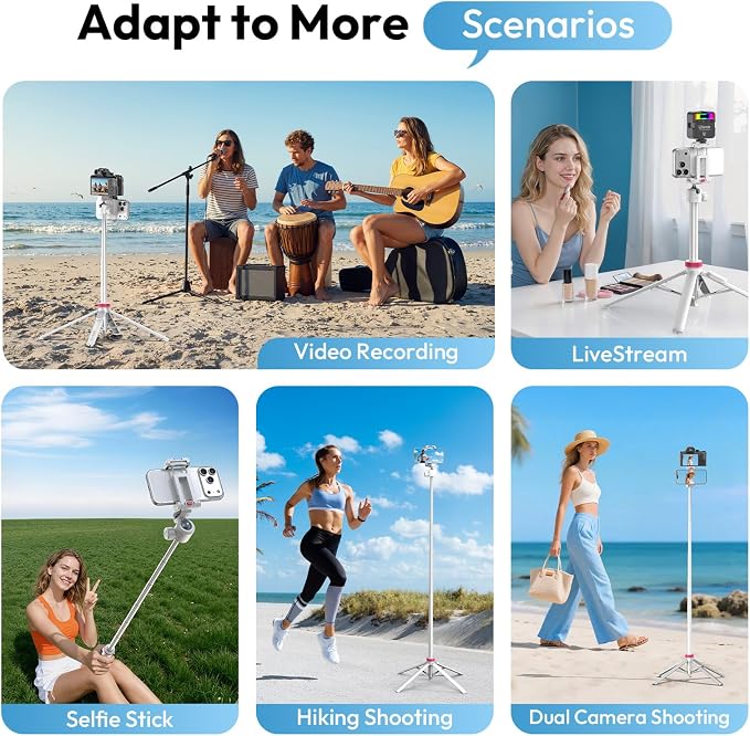 ULANZI MT-44B Phone Tripod, 59'' Auto Open Phone Stand Dual Camera Set up | 360° Ball Head, Extendable Selfie Stick w Cold Shoe, Stable Four-Leg for Filming Vlog Travel, Family Gatherings White - Image 4
