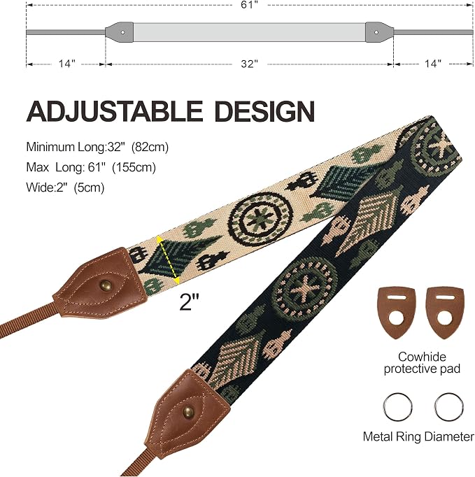 Padwa Lifestyle 2" Wide Classic Crazy Horse Art Cowhide Head Cotton Camera Straps for Photographers - Image 6