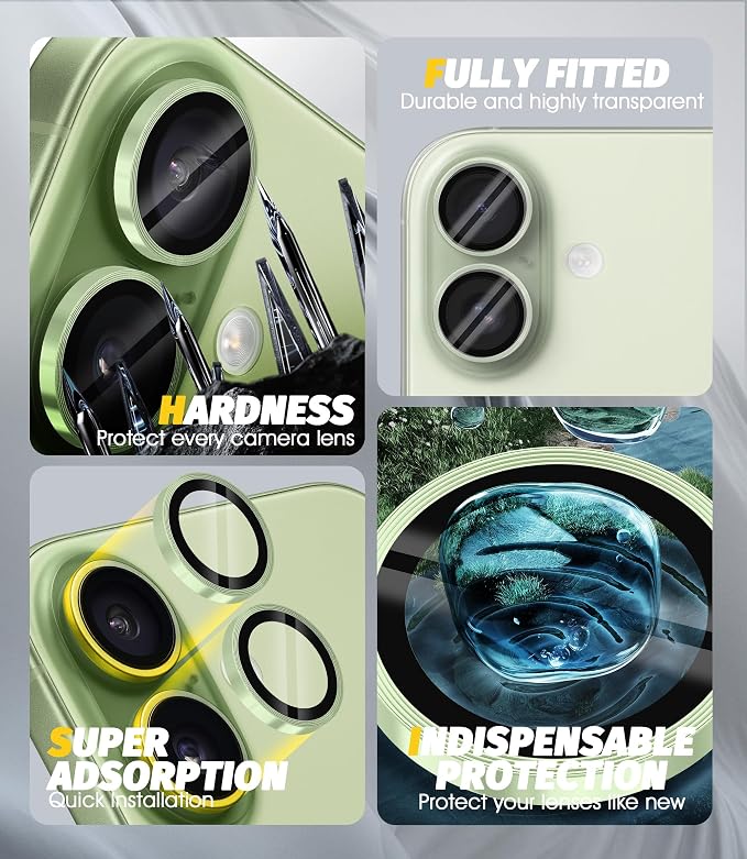 Orzero (3 Sets) Camera Lens Protector Compatible for iPhone 17 6.3"/16 6.1”/16 Plus 6.7“, Protector de Cámera One-Step Installation Tray Individual Metal Ring Glass Cover Case Friendly - Light Green - Image 3