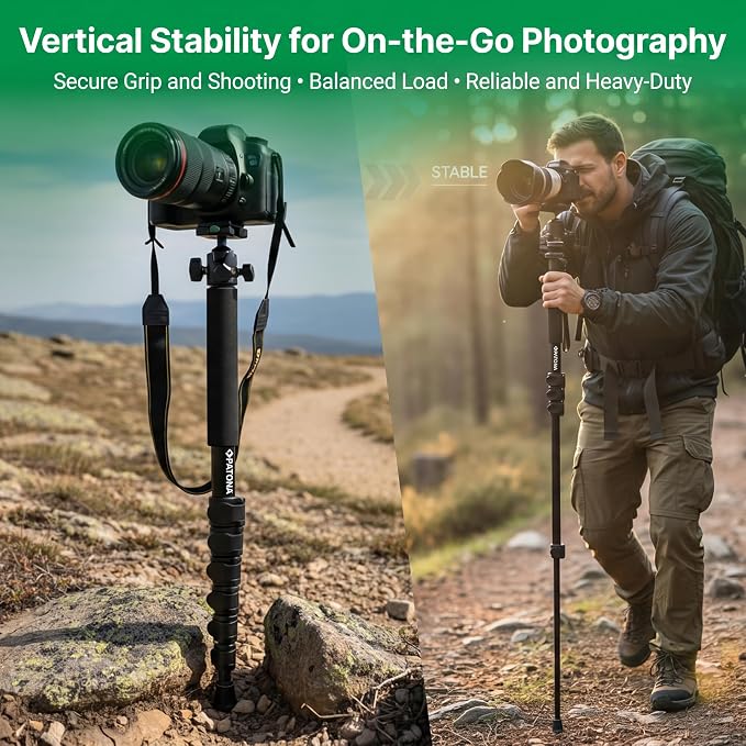 PATONA Premium Telescopic 155cm Camera Monopod | Aluminum Camera Pole | Gezi One Travel Monopod, 1/4" & 3/8" Thread Mount, Light Weight Design, Includes Carrying Bag - Image 4