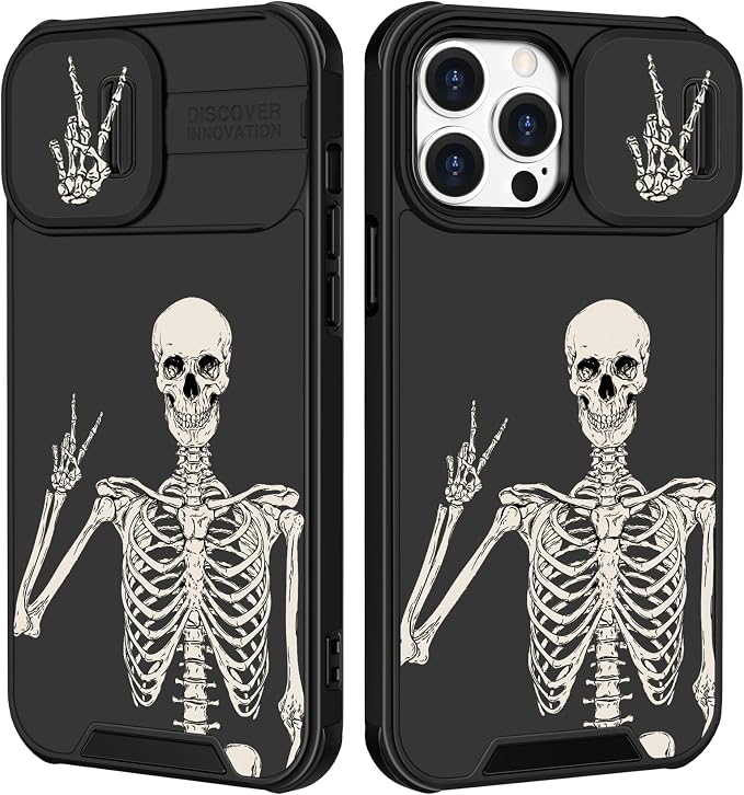 (2in1 for iPhone 15 Pro Case Skull Skeleton for Women Cute Phone Cover Boys Gothic Spooky Funny Cool Black Fashion Teen Design with Slide Camera Cover Protective for iPhone 15 Pro Cases 6.1'' by Goocrux
