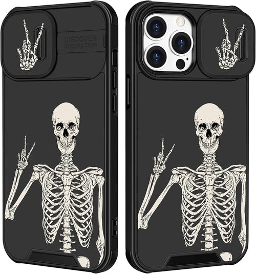 (2in1 for iPhone 15 Pro Case Skull Skeleton for Women Cute Phone Cover Boys Gothic Spooky Funny Cool Black Fashion Teen Design with Slide Camera Cover Protective for iPhone 15 Pro Cases 6.1'' by Goocrux