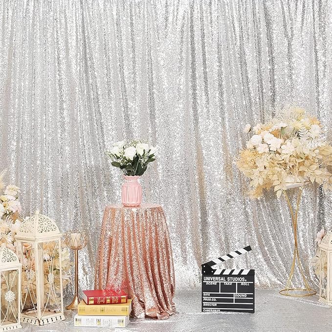 Poise3EHome 8FT x 8FT Silver Sequin Photography Backdrop Curtain for Party Decoration, Silver - Image 5