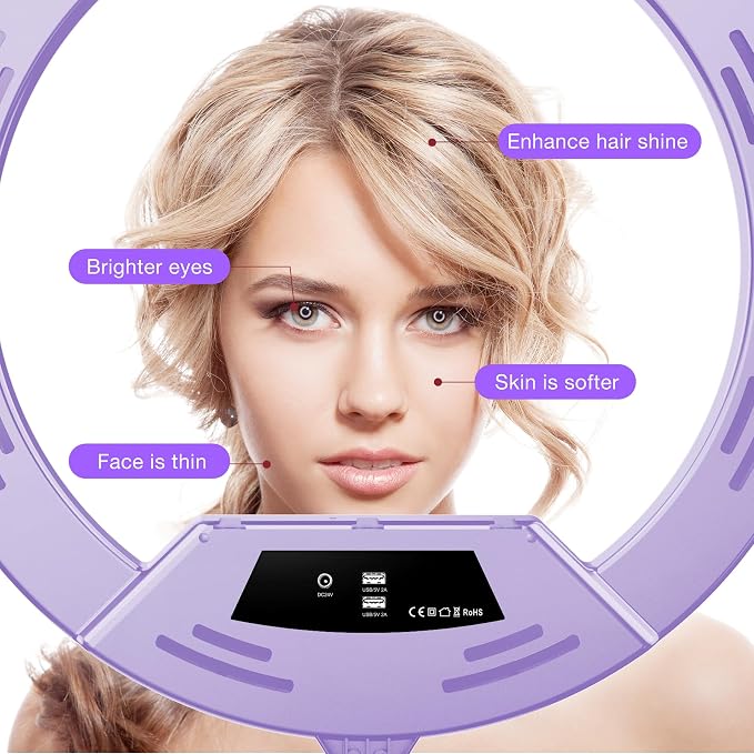 MACTREM Purple 22" Ring Light for iPad iPhone with 75" Tripod Stand Barber | LCDisplay,2 Usb Ports, Fits Ipad/Tablet 12.9", 2600k-6500k Color Temperature, For Barber/Tattoo Tiktok Video Recording Vlog - Image 2