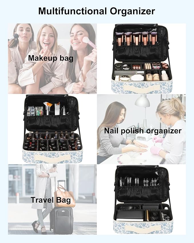 Relavel Makeup Bag Travel Train Case for Women and Girls, Cute Cosmetic Storage Organizer Box Portable Shoulder Bag with Adjustable Dividers and Makeup Brush Comparment, Floral Print - Image 7