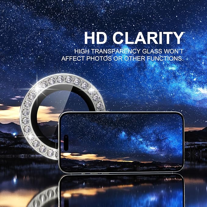Choiche for iPhone 15 Pro/iPhone 15 Pro Max Camera Lens Protector | Ultra HD, Bling 9H Tempered Glass Camera Cover Screen Protector Metal Ring Decoration Accessories (Diamond-Silver) - Image 5