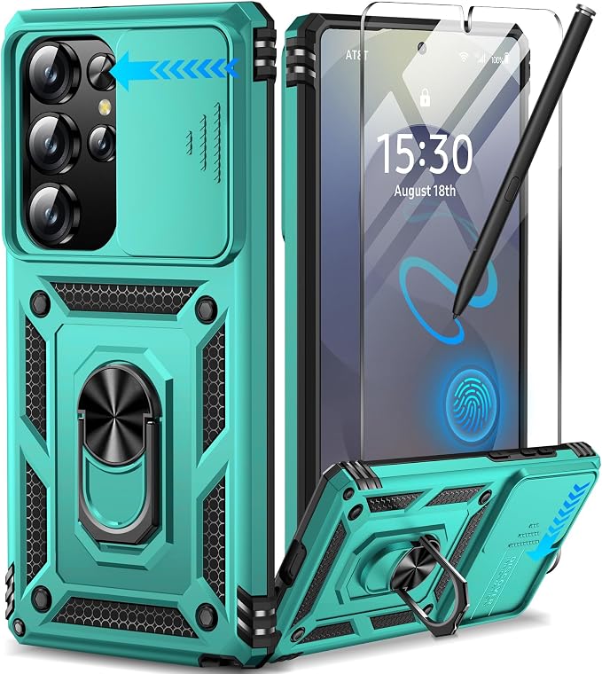 Taisairu for Samsung Galaxy S25 Ultra Case with Screen Protector & Slide Camera Lens Cover, Built-in Magnetic Ring Stand Shockproof Protective Phone Case for Samsung S25 Ultra Case (Mint Green) by Taisairu