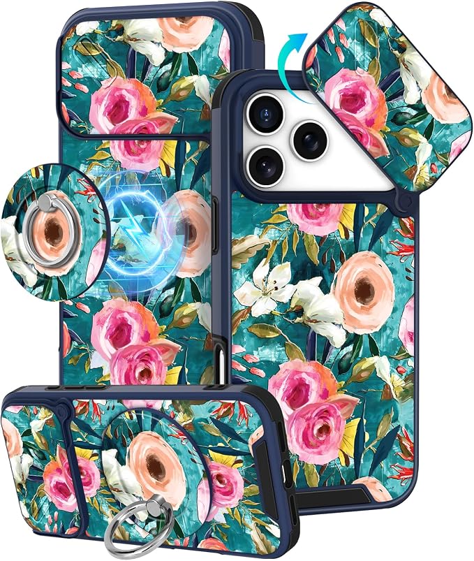 Buleens for iPhone 17 Pro Case 6.3 Inch - with Ring Stand & Camera Cover Aesthetic Cute Designed for Women Girls Girly Pretty Unique Kawaii Flowers Phone Case for iPhone 17 Pro Compatible with Magsafe by Buleens