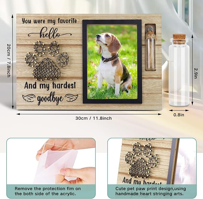 Pets Memorial Keepsake Picture Frame Wooden 4x6 Pets Dog Cat Memorial Picture Frame with Pet Paw String Arts, Sympathy Gift for Pet Owners Loss of Dogs Cats Keepsake Photo Display - Image 2