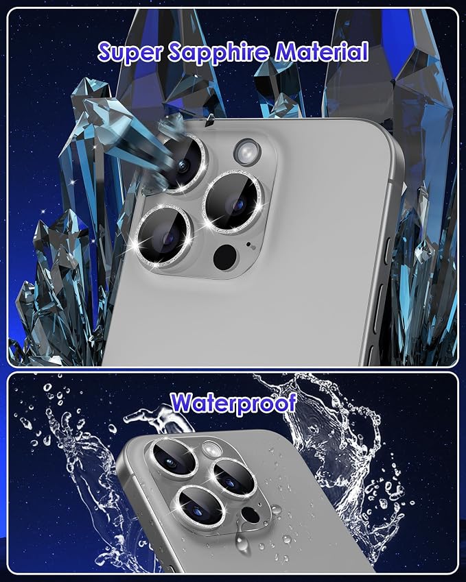 Compatible for iPhone 16 Pro Max/iPhone 16 Pro/iPhone 14 Pro/iPhone 14 Pro Max Camera Lens Protector Glitter, Clear 9H Tempered Glass Glitter Silver+Silver - Image 4