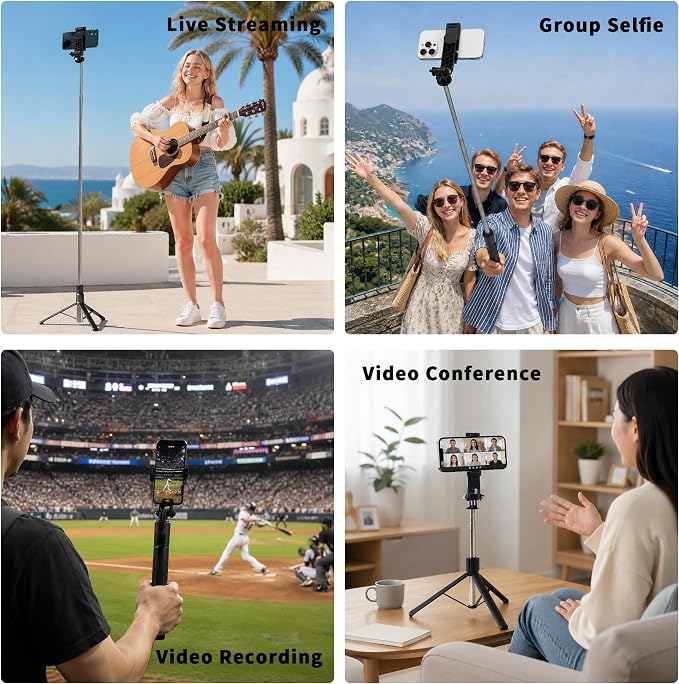 74" Selfie Stick Phone Tripod for iPhone Android Pockte3/4 Insta360 Camera | Extendable Cell Phone Tripod w Wireless Remote, 360° Rotatable Portable Travel Tripod Stand for Video Recording & Vlogging - Image 5
