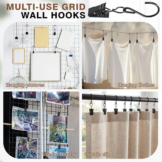 Frienda 25 Pcs Grid Wall Hooks Stainless Steel S Hooks Clips Gridwall Shelf Accessories for Hanging Outside String Lights Picture Photos Drying Clothes Garage Display Retail Art Craft (Black) - Image 7