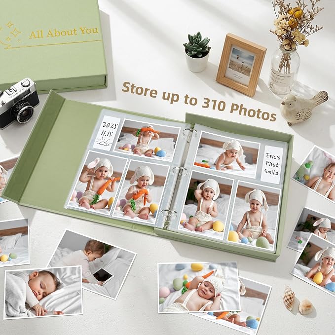 4x6 Photo Storage Box with 3-Ring Slip-In Album, Linen Binder Organizer with Gold Foil Cover, Holds 310 Photos with Blank Memo Cards for Memories & Keepsakes, Light Green - Image 5