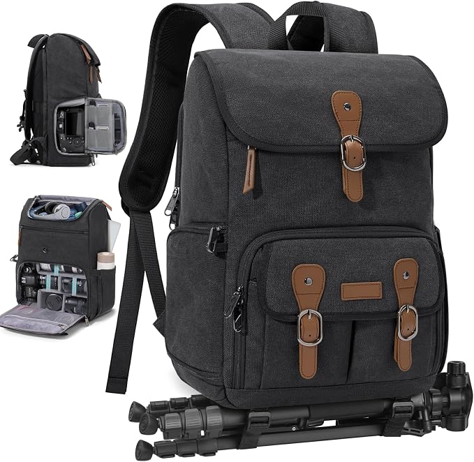 RAINSMORE Camera Backpack, DSLR SLR Mirrorless Camera Bag for Photographer | 15.6 Inch Vintage Canvas Camera Case with Laptop Compartment & Tripod Holder & Rain Cover for Sony Canon Nikon Fujifilm Black by RAINSMORE