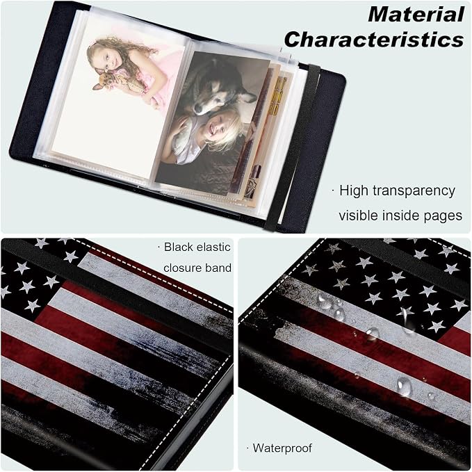 DEGDFSGR Small Photo Album 4x6 60 Pockets 120 Photos - Adventure Book Baby Photo Albums Photo Books for 4X6 Pictures Memory Book with Black Elastic Band for Photo Storage, Vintage American Flag - Image 5