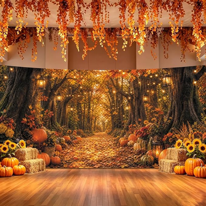 Fall Autumn Forest Photography Backdrop 20x10ft Autumn Woodland Pumpkin Maple Leaves Background Fall Thanksgiving Orange Flowers Seasonal Party Decorations Banner Vinyl - Image 3