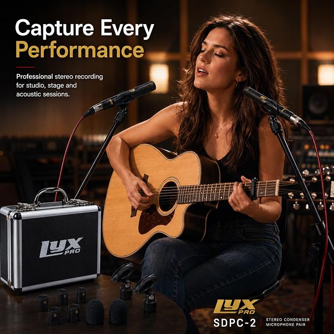 LyxPro SDPC-2 Stereo Pair Small Diaphragm Condenser Microphones, XLR Pencil Mic Set with Omni, Cardioid & Super Cardioid Capsules for Acoustic Guitar, Drums, Piano & Studio Recording - Image 8