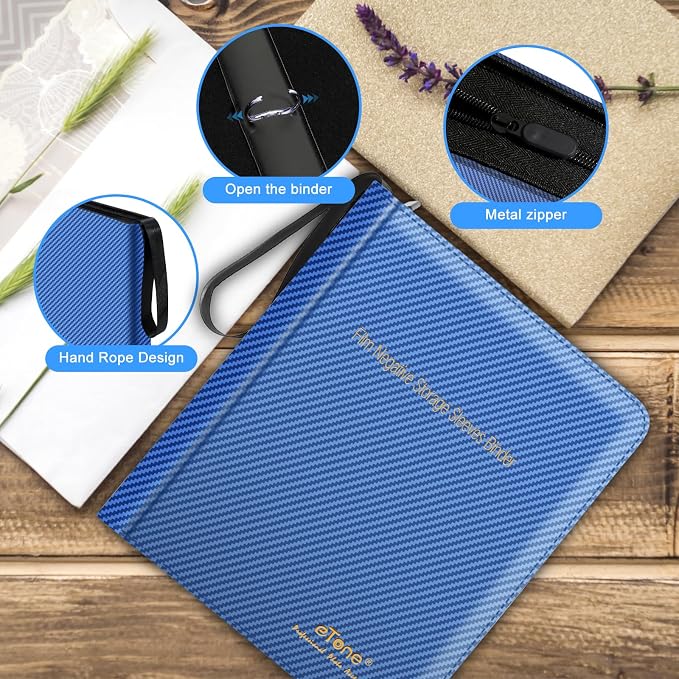 eTone Film Negative Storage Album, Black PU Leather, 50 35mm Acid-Free Sleeves, Triple Ring Binder Box, 13.18x7.08x1.96 Inch (Blue) - Image 8