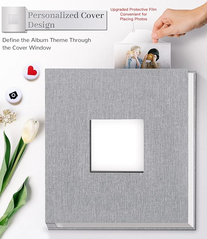 Artfeel Photo Album Self Adhesive Scrapbook Album for 3x5 4x6 5x7 8x10 Pictures, 60 Pages Linen Cover with Display Window DIY Photo Book,Ideal Gifts for Family Travel Wedding Baby - Image 2