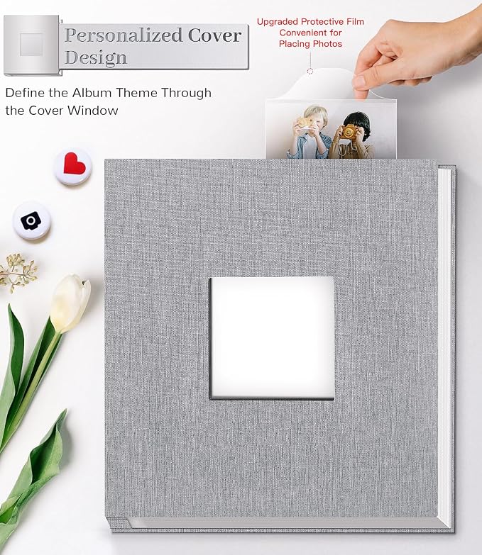 Artfeel Photo Album Self Adhesive Scrapbook Album for 3x5 4x6 5x7 8x10 Pictures,40 Pages Linen Cover with Display Window DIY Photo Book,Ideal Gifts for Family Travel Wedding Baby - Image 2