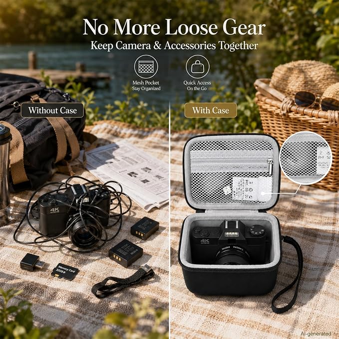 Comecase Vlogging Camera Case for Duluvulu/for VJIANGER 4K Digital Cameras | Mesh Pocket for Charging Cables and Batteries, Travel Storage for Vloggers, Parties and Camping (Black+Grey Inside)) - Image 3