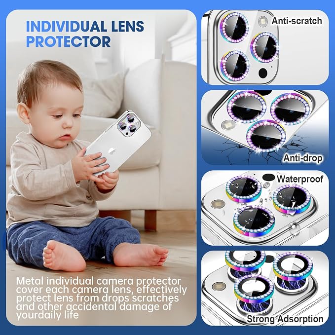 for iPhone 15 Pro/15 Pro Max Camera Lens Protector Diamond, Colorful | Individual Metal, 9H Hardness, Scratch Resistant, Shockproof, Drop Protection, Case Friendly, Stylish Accessories - Image 3