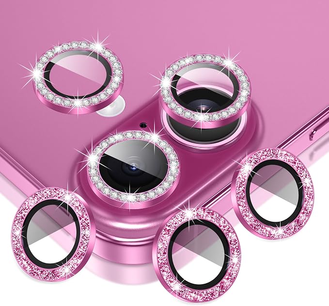 AGVEE 3+3 6 Pack for iPhone 16/16 Plus Camera Lens Protector Cover | Individual Bling Diamond & Bling Glitter Sparkle Cute Gem Metal Ring, 9H Tempered HD Glass by AGVEE