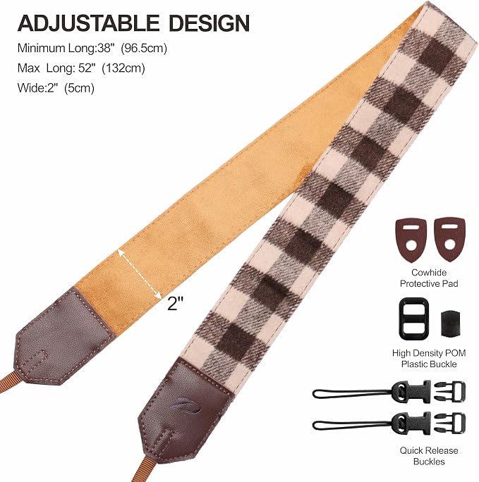 Padwa Lifestyle Camera Strap - 2" Full Grain Leather Ends Camera Straps for Photographers, Unique Vintage Cashmere and Soft Suede Fabric Padded Strap Quick Release fits All Cameras(Beige Coffee Check) - Image 6