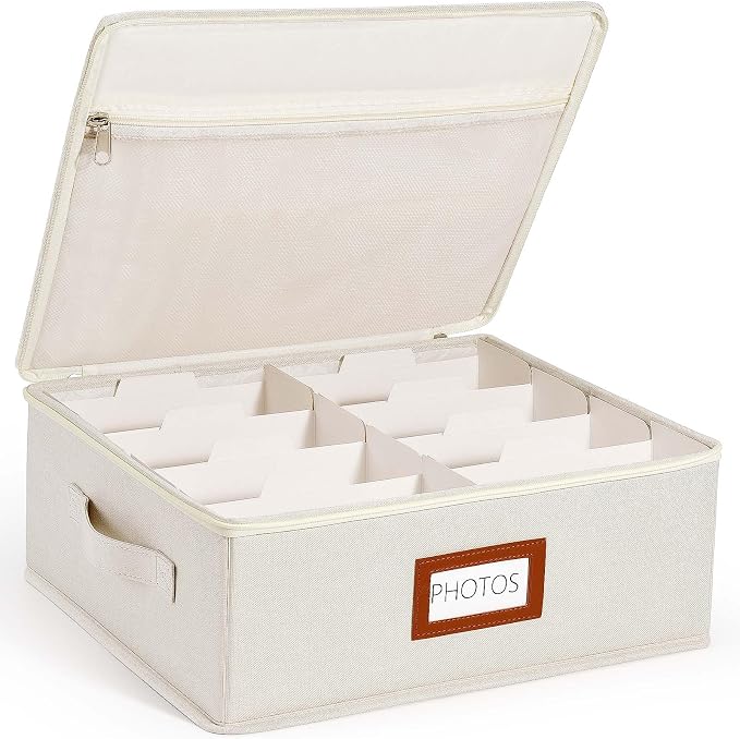 HULISEN Photo Storage Box, Photo Organizer for 2000 4x6 Pictures, Beige | Linen Keepsake Box with Zipper Lid & 8 Dividers, Label Cards Included, Mesh Pocket for Larger Prints, Family Memory Storage - Image 8