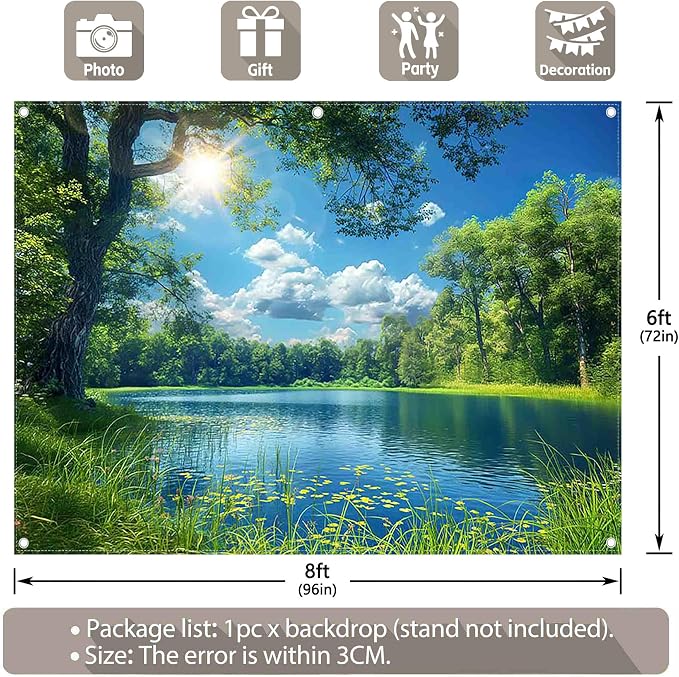 Fabric 8x6ft Lake Natural Scenery Backdrop River Camp Banner | Mountain Forest Tree Blue Sky Bokeh Photography Background, Picnic Hiking Party Decorations, Spring Outdoor Photo Props - Image 3