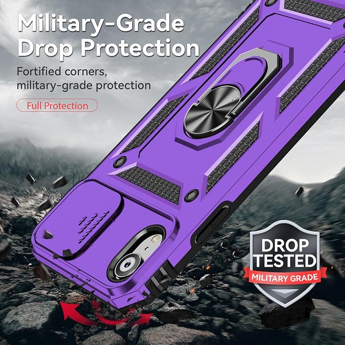 HNHYGETE for iPhone XR Phone Case with HD Screen Protector: [Military Grade 20ft. Drop Tested] Slide Camera Cover Ring Shockproof Protective Phone Case for - iPhone XR (Purple) - Image 2