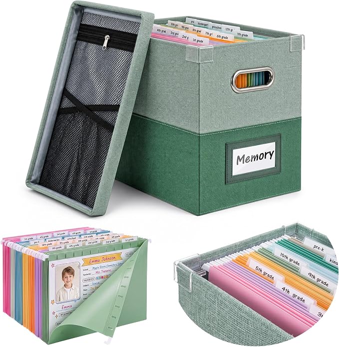 1 Set School Memory Box Organizer, School Keepsake Organizer K-12,Green | with 15 Hanging File Folders, 4 Labels, 3 Sticker, Mesh-Pocket Lid, for Letter/A4, Report Cards, Photos, Awards, File Keeper by Wenqik