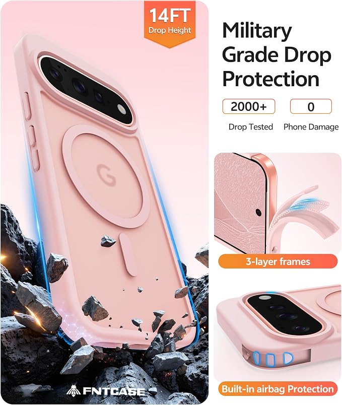 FNTCASE for Google Pixel 11 Pro Case / Pixel 11 Case, with Screen Protector | Fit for Magsafe, Translucent Matte, 14FT Military Grade Drop Protection, Shockproof Protective Phone Cover, Light Pink - Image 6