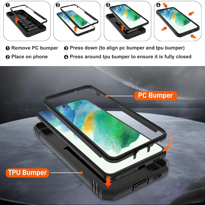 Gritup for Samsung Galaxy S21 FE 5G Case with 2PCS Screen Protector, Build in 360° Rotating Ring Kickstand, Military Grade Protective Case for S21 FE Phone, Black - Image 4