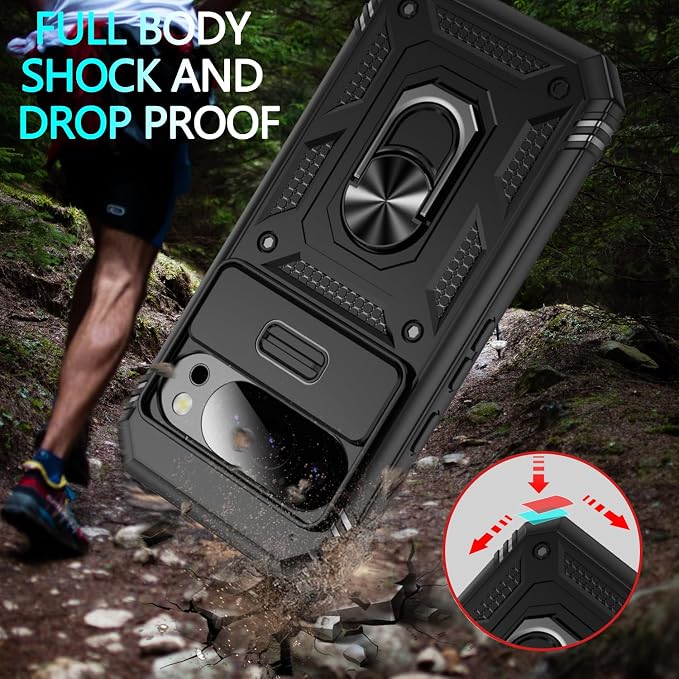 Case for Google Pixel 10 Pro XL/Pixel 9 Pro XL, with 3 Pcs Tempered Glass Screen Protector Built in Ring Stand Kickstand + Camera Cover, Hard PC Soft TPU Defender Full Body Protective Case - Black - Image 3