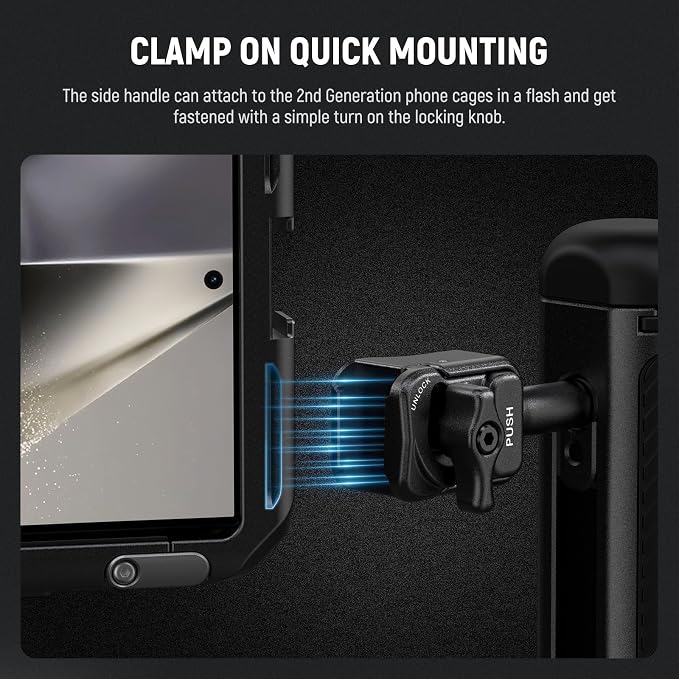 NEEWER Quick Release Side Handle for Phone Cage PA073 PA074 for 16 Pro/16 Pro Max, PA042 for Samsung S24 Ultra, with Covered Cold Shoe, Anti Off Pin, Black Lock, PA045B - Image 3