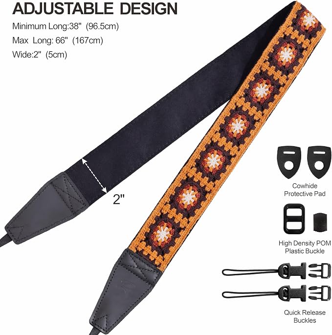 Padwa Lifestyle Yellow Crochet Camera Strap - 2" Full Grain Leather Ends Camera Straps for Photographers, Vintage Embroidered Cotton Soft Suede Fabric Padded Strap with Quick Release fits All Cameras - Image 6