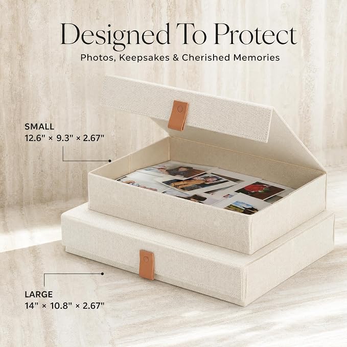 ZICOTO Decorative Photo Storage Boxes with Lids - Set of 2 Linen Organizers | Beautiful Boxes Safely Store Your Pictures, Documents, Scrapbooking Supplies, Keepsakes and Other Memories in Style - Image 3