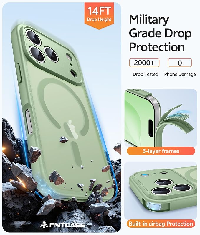FNTCASE for iPhone 17 Pro Case, Fit for Magsafe, Screen Protector | Full Camera Protection, Translucent Matte, 14FT Military Grade Drop Proof, Shockproof Protective Phone Cover, Light Moss - Image 5