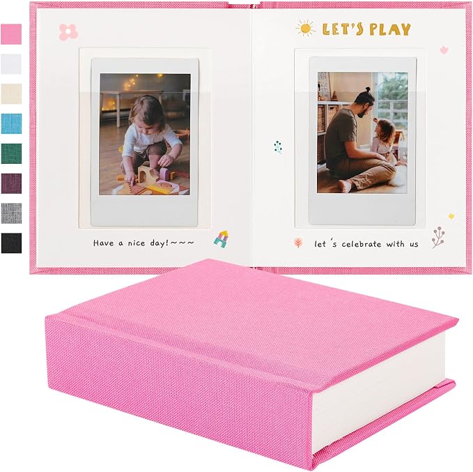 Instax Mini Photo Album with Writing Space, Linen Cover, Pink | Compatible with 2x3 inch & Polaroid Pictures, 28 Recessed Clear Pockets, Wedding Guest Book and Family Memories by Unknown