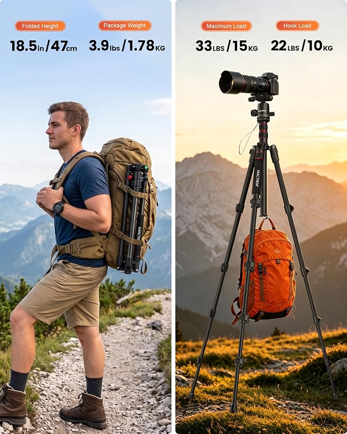 MACTREM 90in 2-in-1 Camera Tripod Monopod Aluminum Heavy Duty Travel Tripod | 360° Ball Head for Macro Photography, Max Load 33lb, Portable for DSLR & Phone, Includes Carry Bag for Travel & Vlogging - Image 7