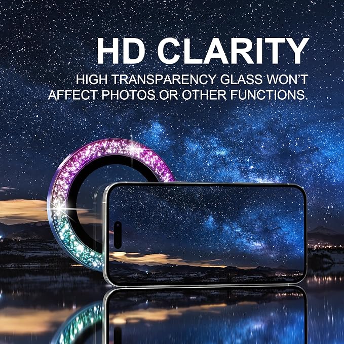 Choiche for iPhone 16 Pro/iPhone 16 Pro Max Camera Lens Protector | Ultra HD, Bling 9H Tempered Glass Camera Cover Screen Protector Metal Ring Decoration Accessories (Glitter-Colorful) - Image 4