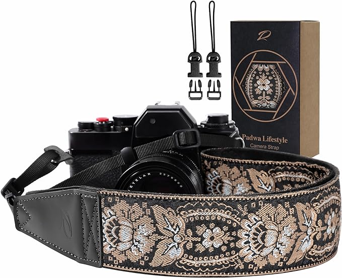 Padwa Lifestyle Camera Strap - 2" Full Grain Leather Ends Camera Straps for Photographers, Vintage Embroidered Cotton Weave Soft Suede Fabric Padded Strap Quick Release fits All Cameras by PadwaLifestyleCameraStrap