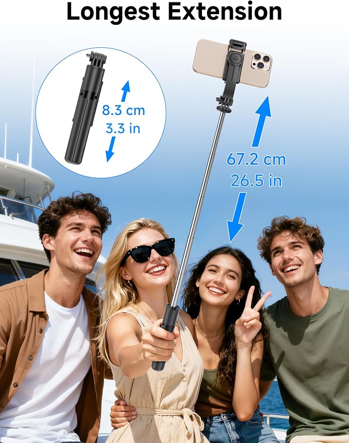 Mini Selfie Stick Travel Tripod for Cell Phone with Light, Extendable Selfie Stick for iPhone with Detachable Remote, iPhone Tripod for Video Recording, Photograph, Compatible with Cellphones - Image 3