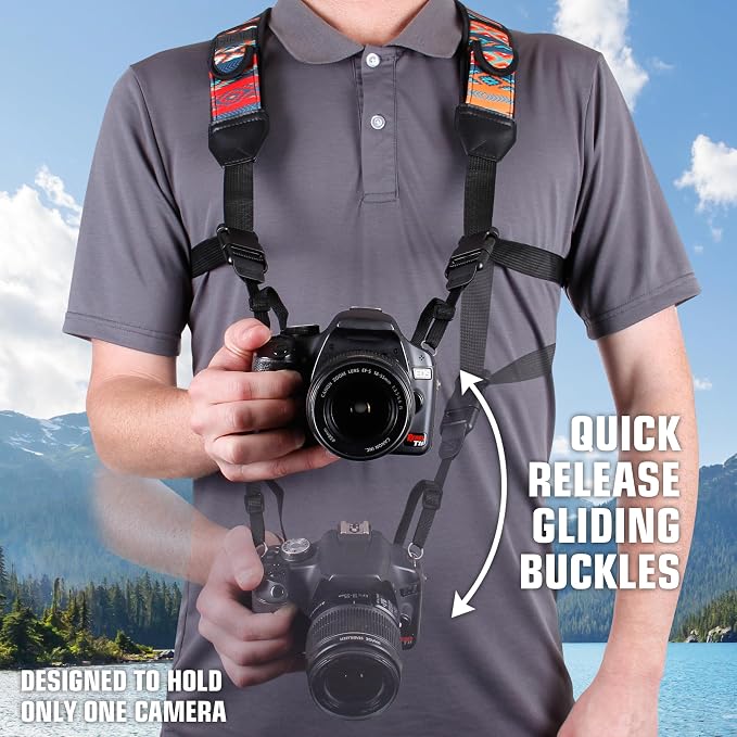 USA Gear DSLR Camera Strap Chest Harness with Quick Release Buckles, Southwest Neoprene Pattern and Accessory Pockets - Compatible with Canon, Nikon, Sony Point and Shoot and Mirrorless Cameras - Image 2