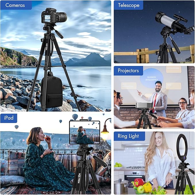 MACTREM 75in Aluminum Lightweight Travel Tripod for DSLR Camera Phone iPad | 3-Way Head 360° Rotation. With Phone iPad Mount, Bluetooth Remote. Stable Aluminum Stand for Video & Photography. - Image 4