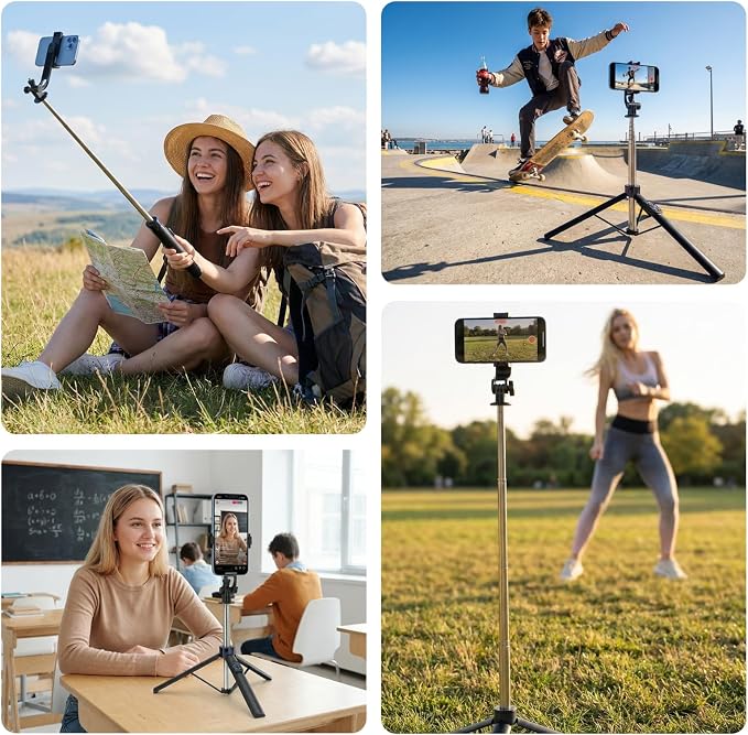 70” Phone Tripod & Selfie Stick with Light, Metal Tripod Holder with Wireless Remote,Portable Travel Selfie Stick Tripod for iPhone/Android and Gopro - Image 6