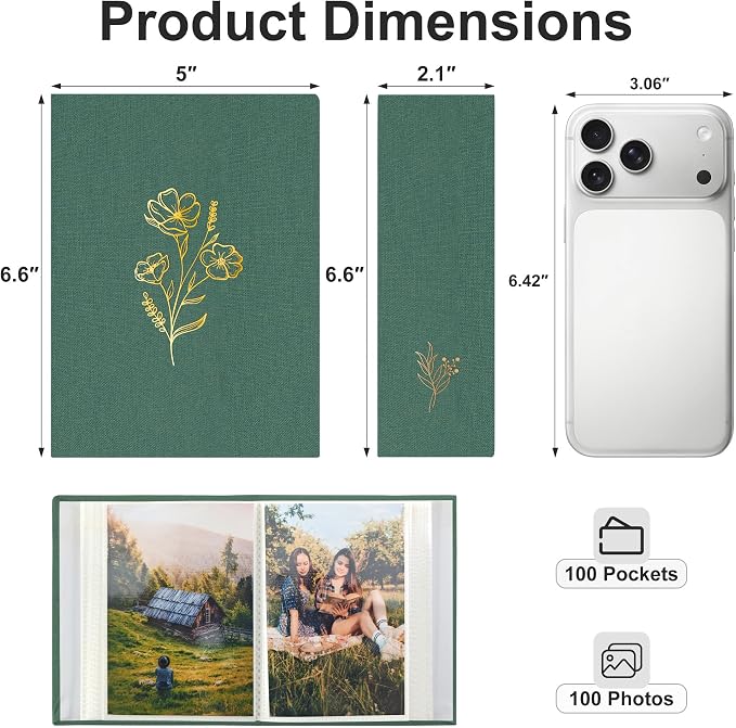 Holoary Photo Album 4x6 100 Photos, 100 Pockets 4”x6” Picture Album, Linen Fabric Cover Picture Book for Photos, 4x6 Photo Albums for Family Weddings Travel Memories(Dark Green) - Image 2